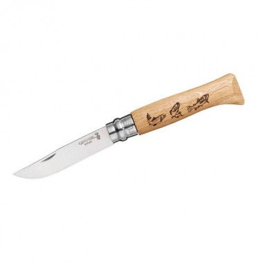 НОЖ OPINEL СЕРИИ TRADITION ANIMALIA №08, КЛИНОК 8,5СМ., НЕРЖАВЕЮЩАЯ СТАЛЬ, РИСУНОК - ФОРЕЛЬ, РУКОЯТЬ - ДУБ (6 ШТ./УП.)