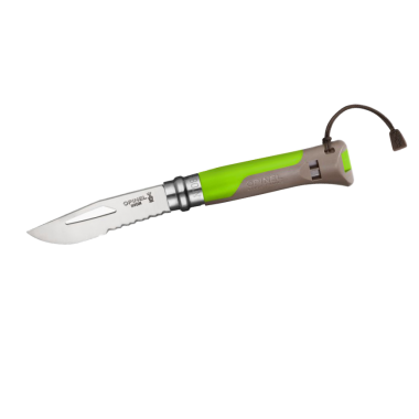 Нож Opinel серии Specialists Outdoor №08, клинок 8,5см., нерж.сталь, пластик, свисток+темляк, зеленый/серый
